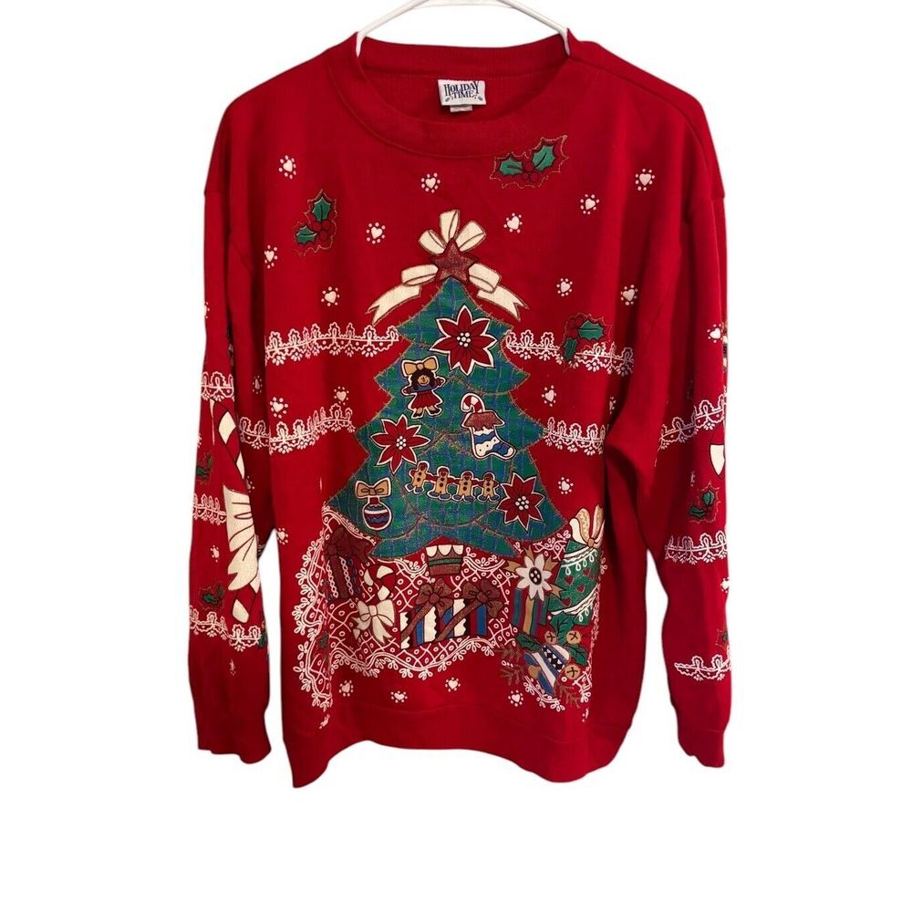 1990s Retro Red‎ Christmas Holiday Bow Candy cane Tree Size Lg Ugly Sweaters VTG